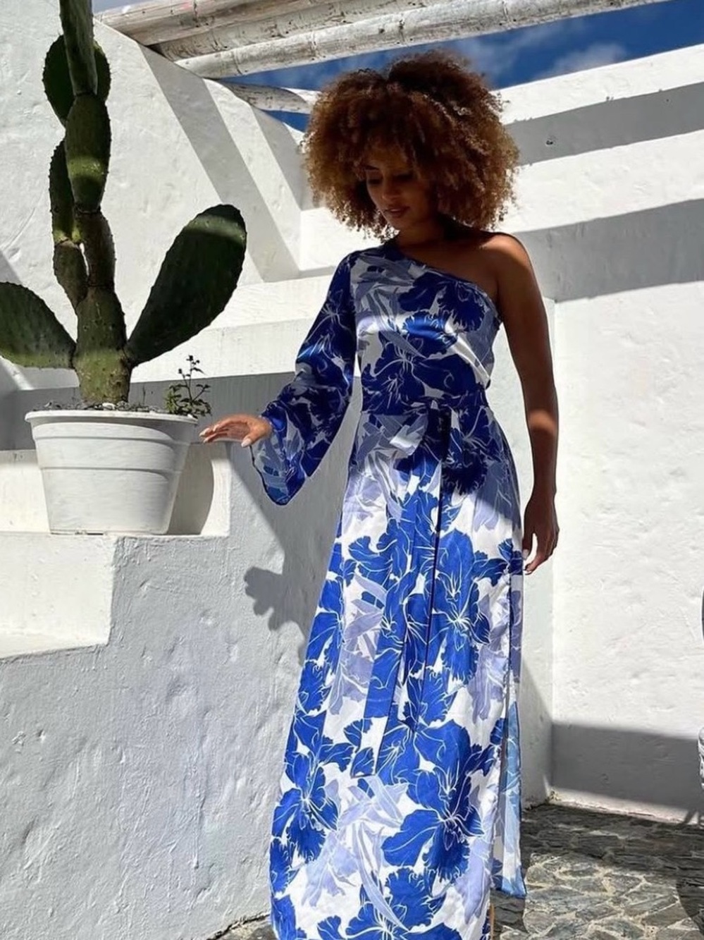 Pandawa. Colombian Designer Brand. One-Shoulder Blue Floral Maxi Dress